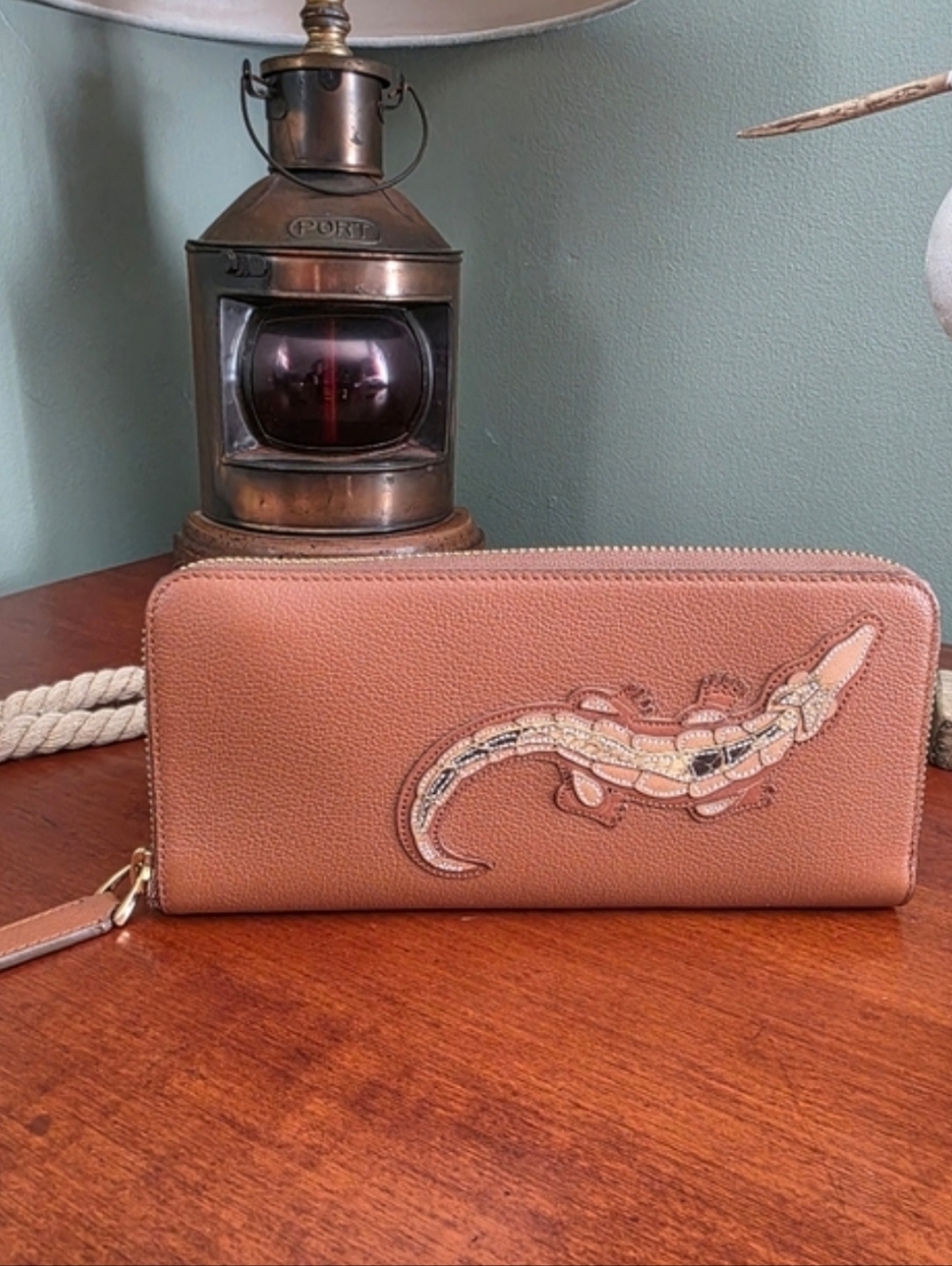 Ralph Lauren Italy Lizard Inlay Leather Zip Wallet Brown Tan Exotic